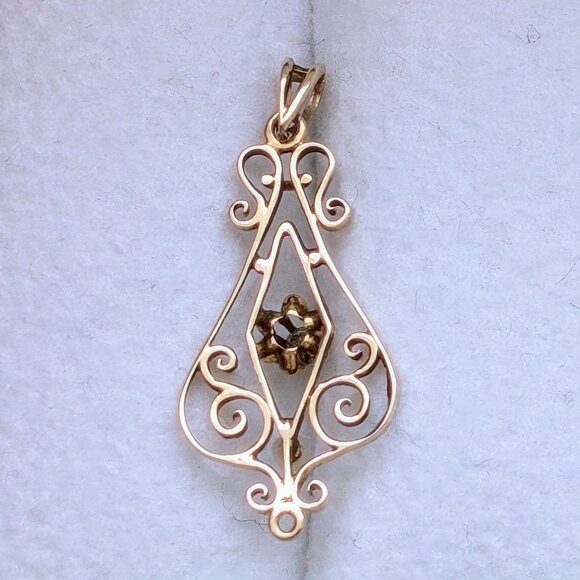 Antique Art Nouveau 10K Yellow Gold Pearl Paste Stone Filigree Pendant Charm - Picture 2 of 4
